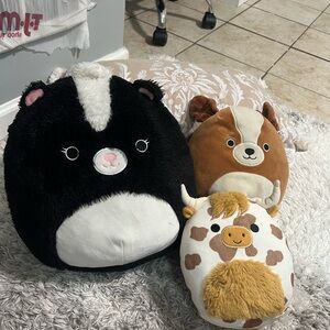 Squishmallows Black and White Skunk, Brown and White Dog, Cow Trio